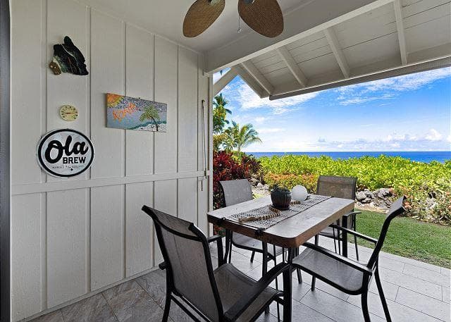 Covered patio with ocean view
