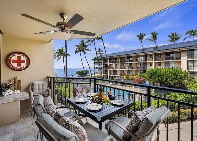 Covered patio with ocean view