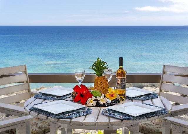 Covered patio with ocean view