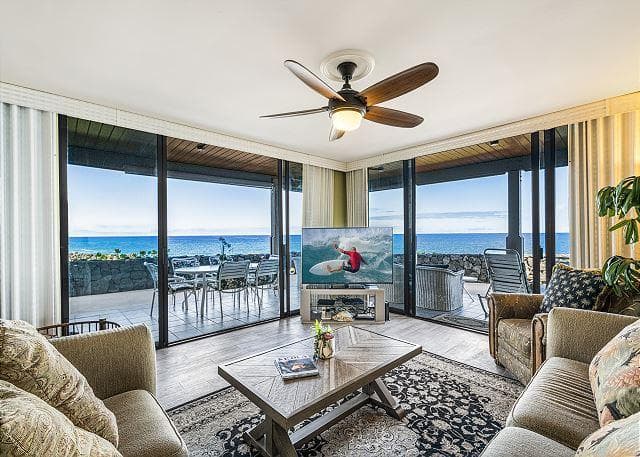 Covered patio with ocean view