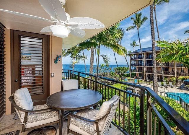 Covered patio with ocean view