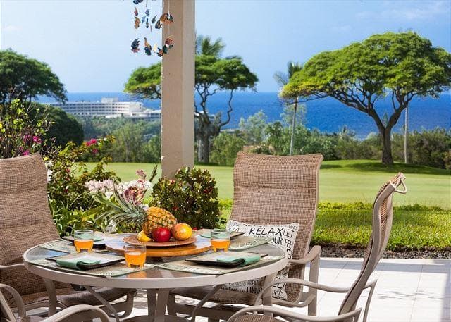 Covered patio with ocean view