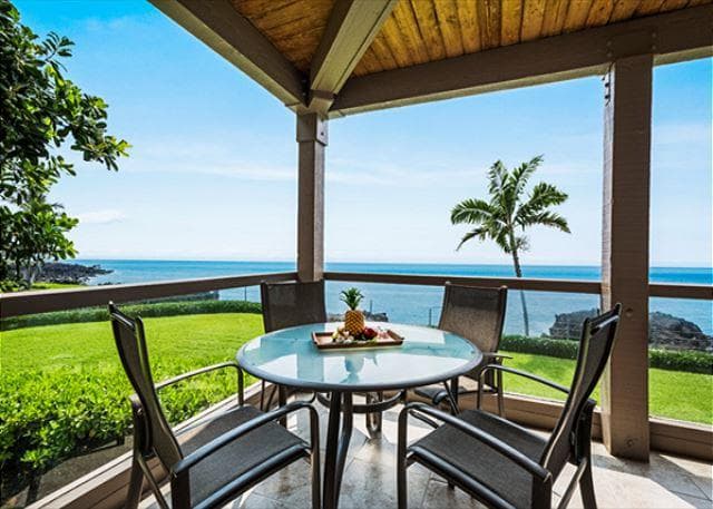 Covered patio with ocean view