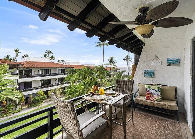 Covered patio with ocean view