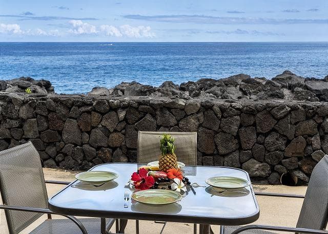 Covered patio with ocean view