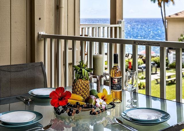 Covered patio with ocean view