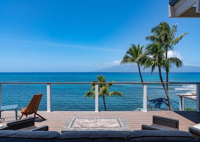 Covered patio with ocean view