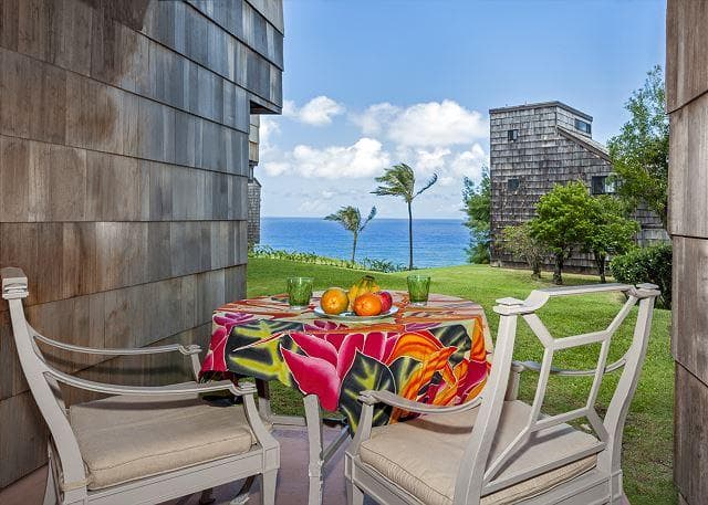Covered patio with ocean view