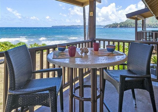 Covered patio with ocean view