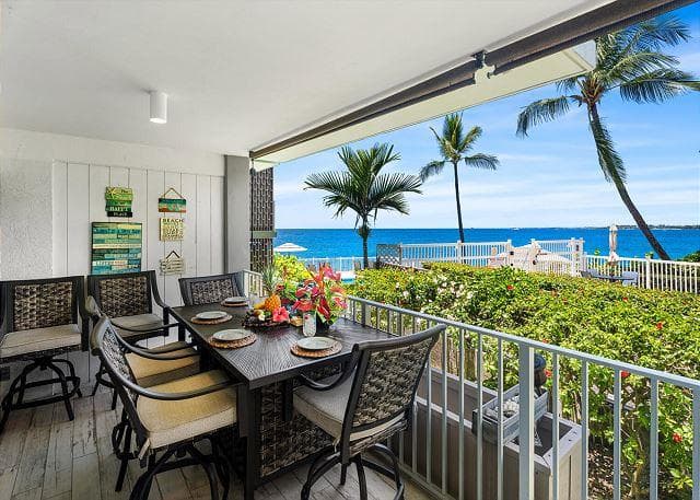 Covered patio with ocean view