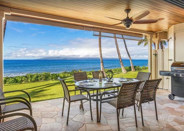 Covered patio with ocean view
