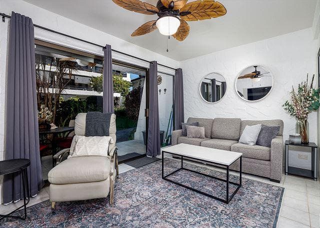 Covered patio with ocean view