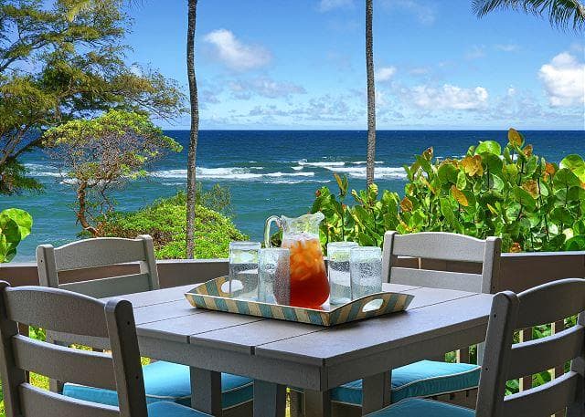 Covered patio with ocean view