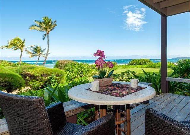 Covered patio with ocean view