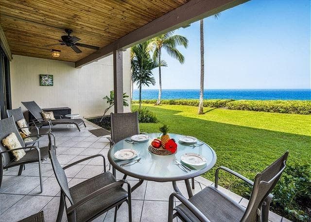 Covered patio with ocean view