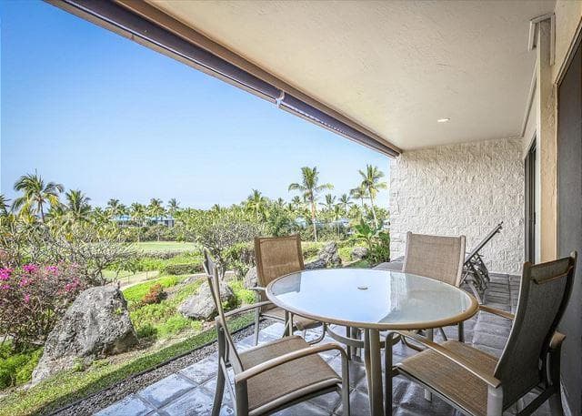 Covered patio with ocean view