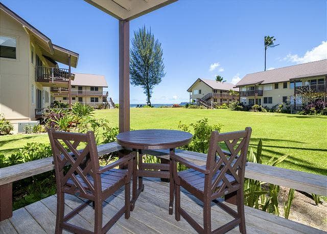 Covered patio with ocean view