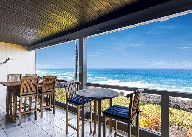 Covered patio with ocean view