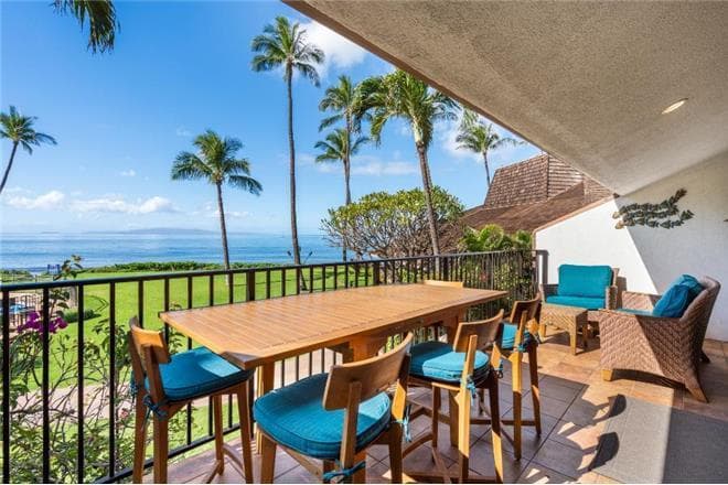 Covered patio with ocean view