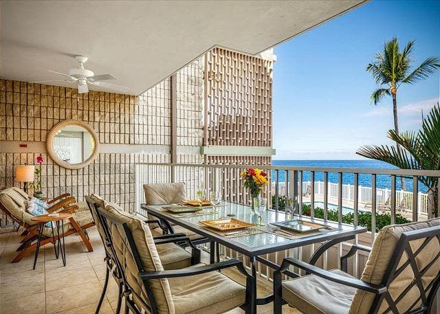 Covered patio with ocean view