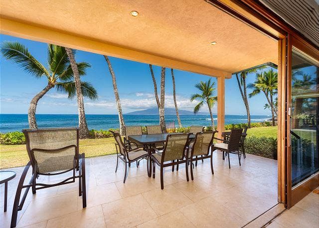 Covered patio with ocean view