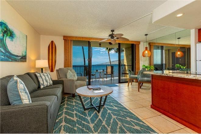 Covered patio with ocean view