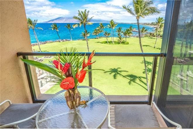 Covered patio with ocean view