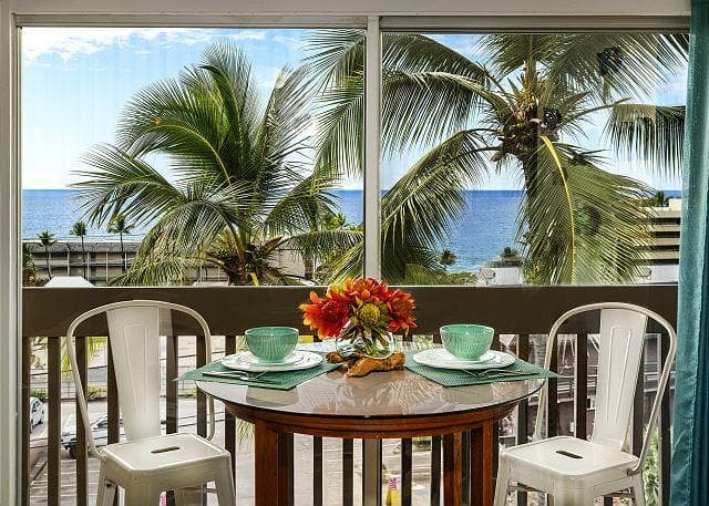 Covered patio with ocean view