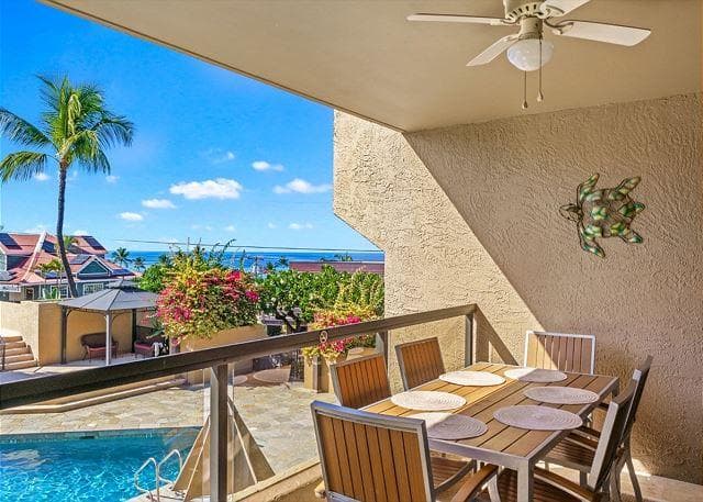 Covered patio with ocean view
