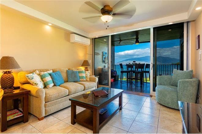 Covered patio with ocean view