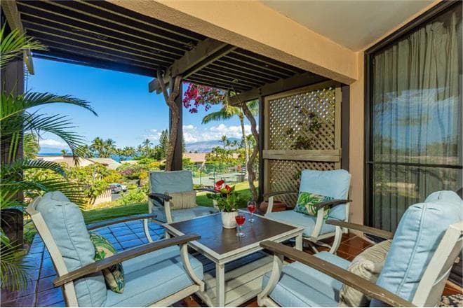 Covered patio with ocean view