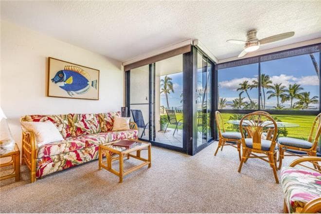 Covered patio with ocean view