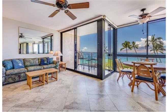 Covered patio with ocean view
