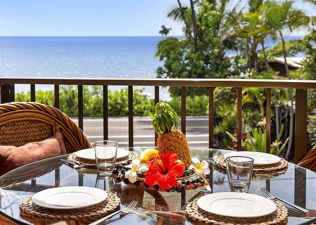Covered patio with ocean view