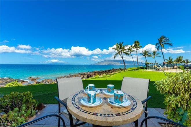 Covered patio with ocean view