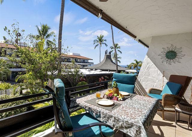 Covered patio with ocean view