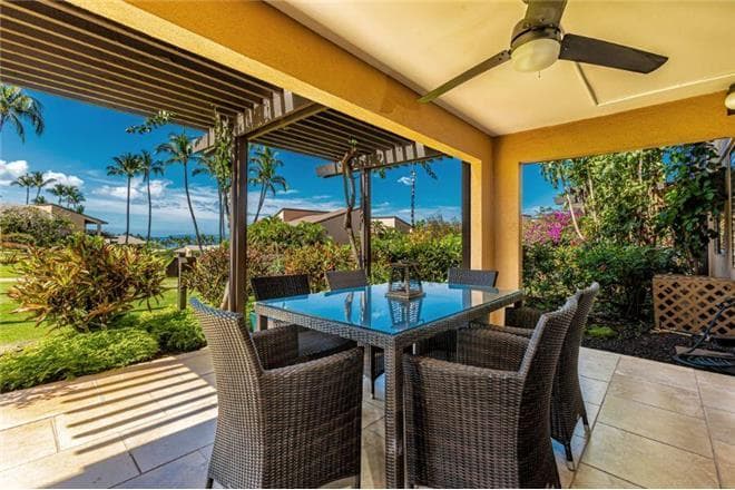 Covered patio with ocean view