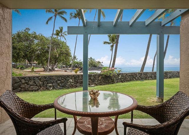 Covered patio with ocean view