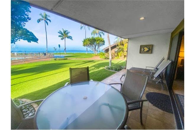 Covered patio with ocean view