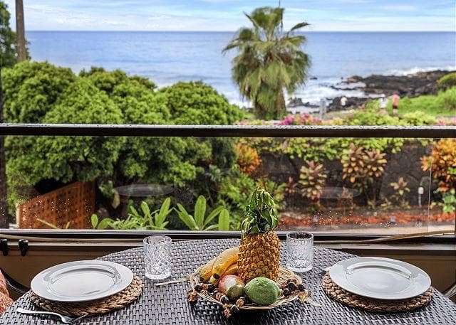 Covered patio with ocean view