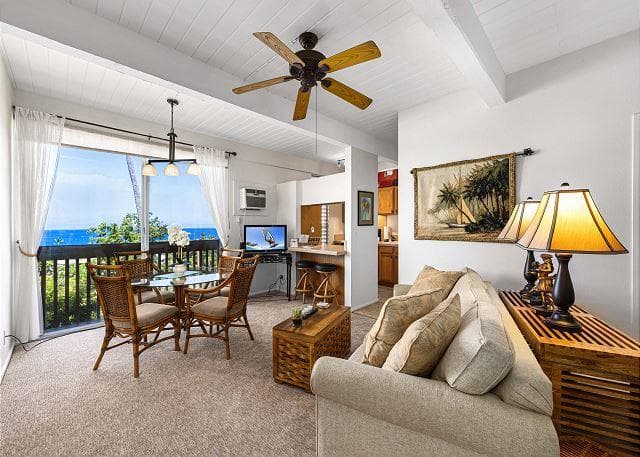 Covered patio with ocean view