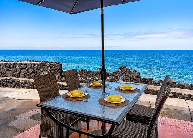 Covered patio with ocean view