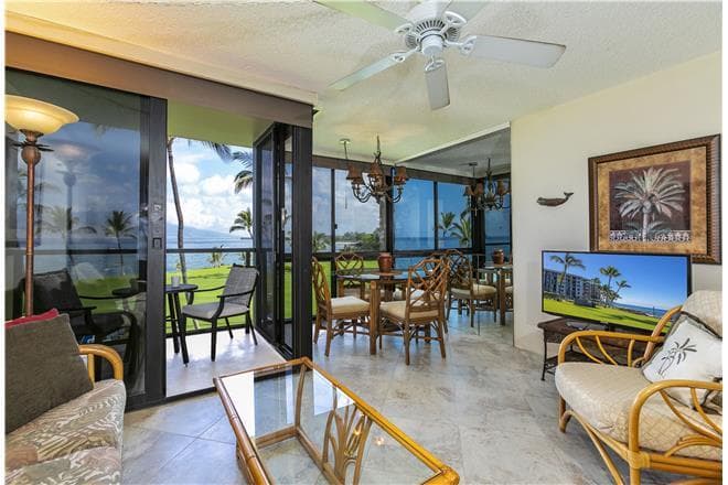 Covered patio with ocean view