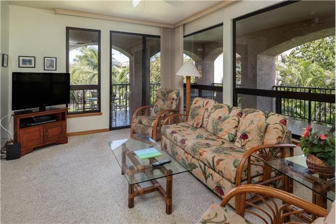 Covered patio with ocean view