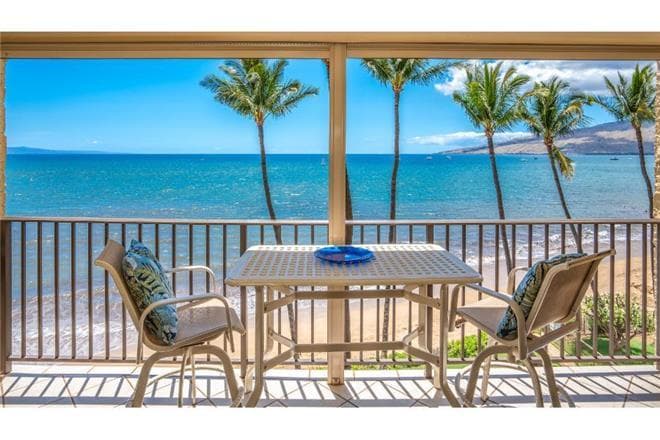 Covered patio with ocean view