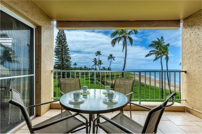 Covered patio with ocean view