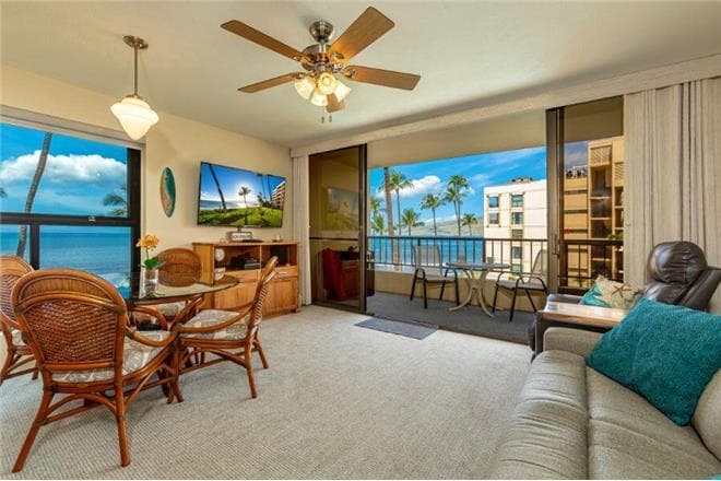 Covered patio with ocean view