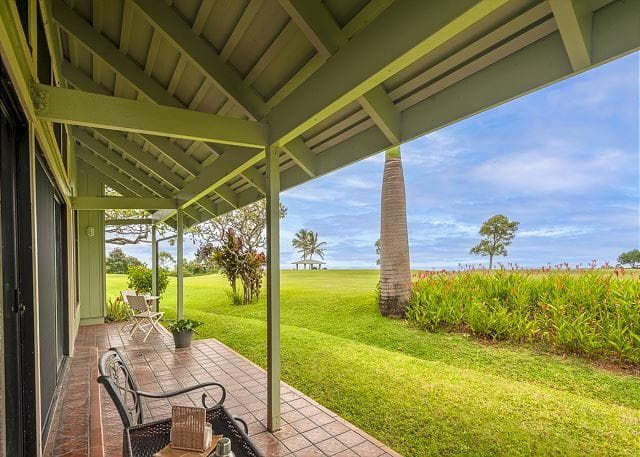 Covered patio with ocean view