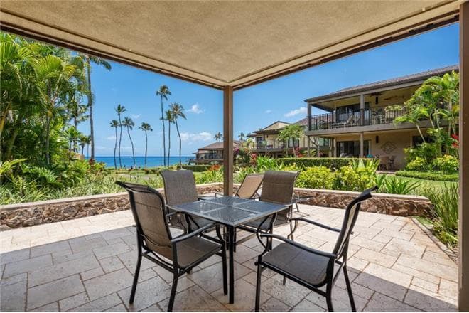 Covered patio with ocean view