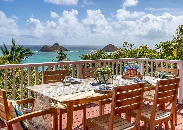 Covered patio with ocean view